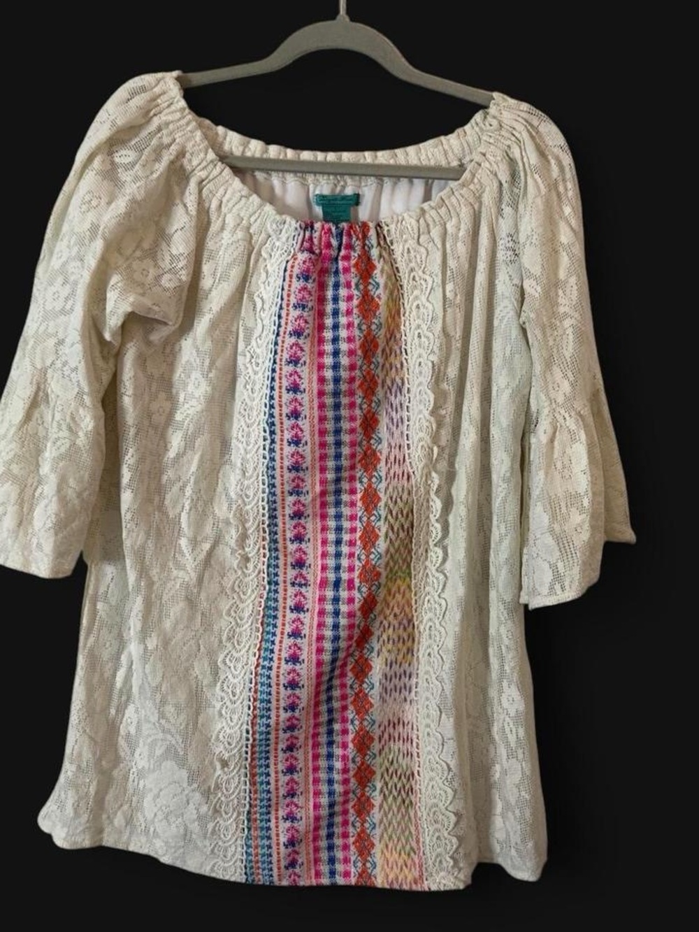 Boho Lace off the shoulders Peasant Top or mini dress with Colorful Embroidery